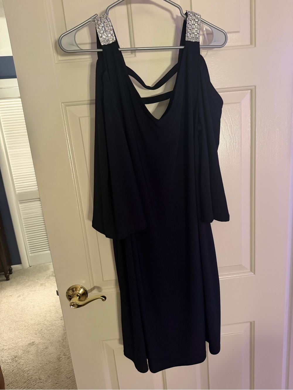 Navy Cold-Shoulder Evening Dress with Embellished Straps